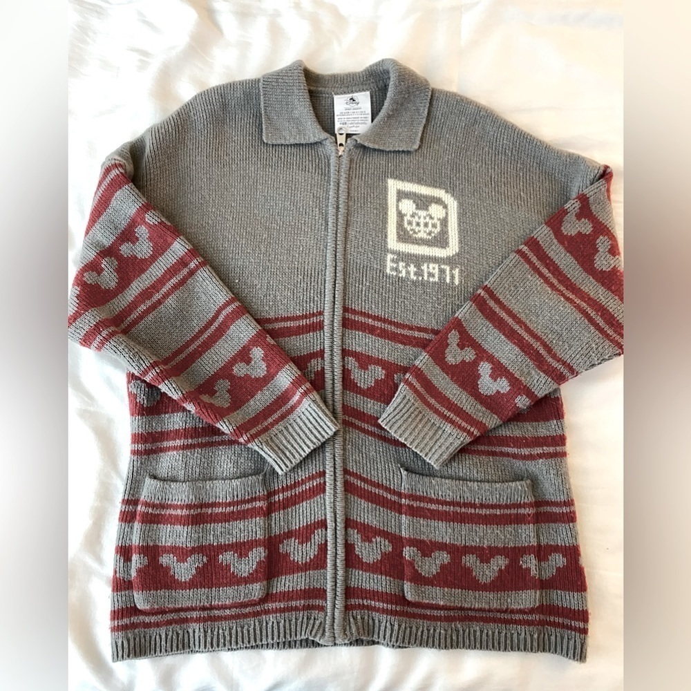 Disney Gray and Red Knit Zip-Front Cardigan Sweater
